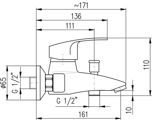Technický nákres vodovodnej batérie s rozmermi