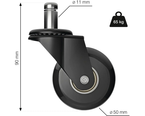 Koliesko k kancelárskej stoličke s rozmermi 90 mm výška a 50 mm priemer, nosnosť 65 kg