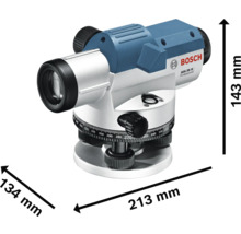Stavebný nivelačný prístroj Bosch s rozmermi 143 mm výška, 134 mm šírka a 213 mm dĺžka.