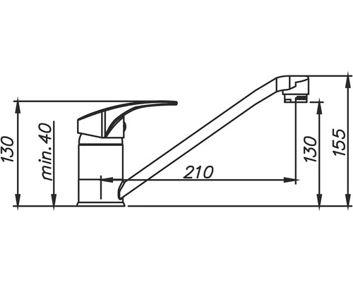 Technický nákres kuchynskej batérie s rozmermi