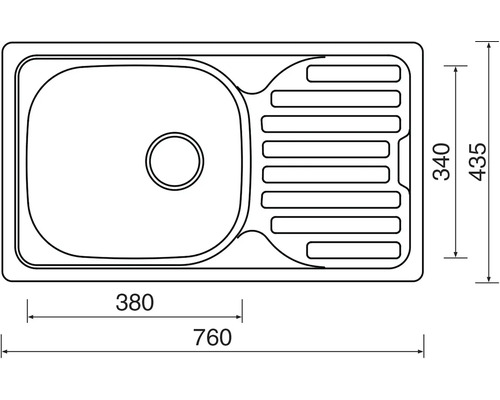 Výkres drezu s rozmermi 760 x 435 milimetrov.