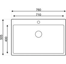 Technický nákres obdĺžnikového umývadla s rozmermi 760 x 505 mm