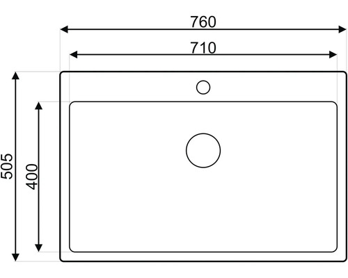 Technický nákres obdĺžnikového umývadla s rozmermi 760 x 505 mm