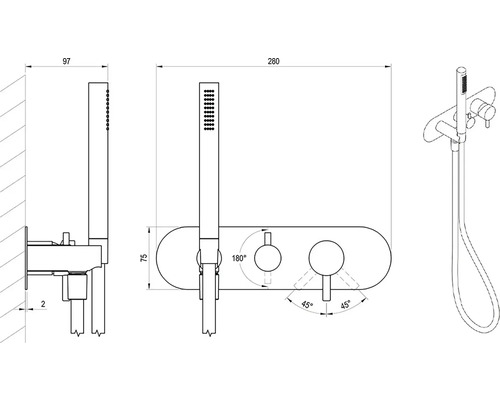 Technický nákres nástennej sprchovej batérie s ručnou sprchou a rozmermi.
