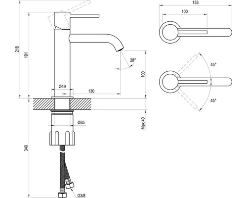 Technický výkres vodovodnej batérie s rozmermi