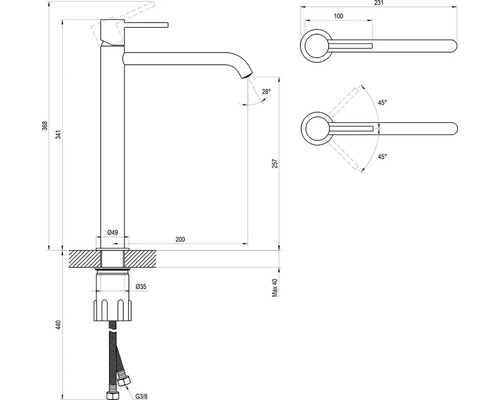 Technický nákres armatúry s rozmermi