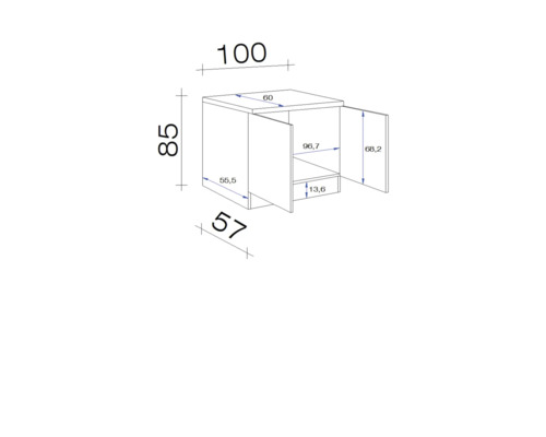 Technický nákres spodnej skrinky s rozmermi