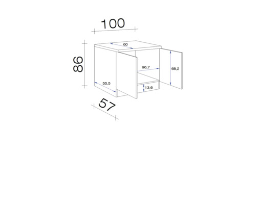 Technický nákres spodnej skrinky s rozmermi