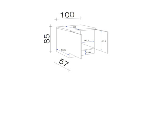 Technický nákres spodnej skrinky s rozmermi