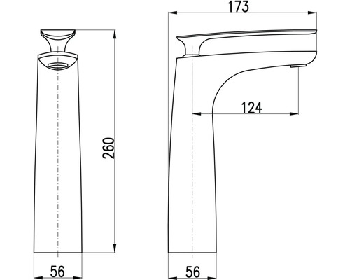 Technický nákres vodovodnej batérie s rozmermi