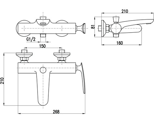 Technický nákres vodovodnej batérie s rozmermi