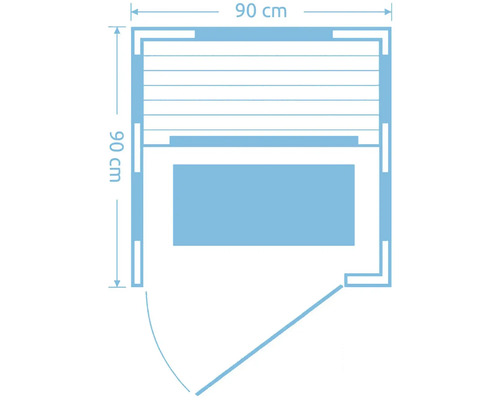 Pôdorys sauny s rozmermi 90 krát 90 centimetrov.