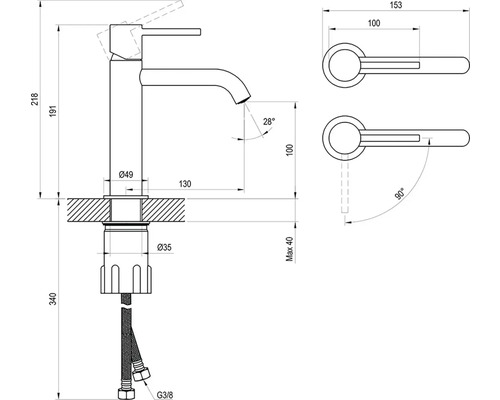 Technický nákres vodovodnej batérie s rozmermi