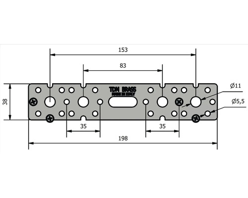 Technický výkres kovovej dosky s otvormi a rozmermi