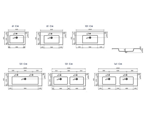 Technický nákres umývadiel rôznych veľkostí s rozmermi