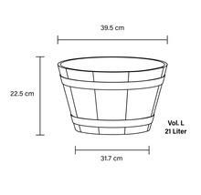 Rozmerové znázornenie kvetináča s objemom 21 litrov a rozmermi 39,5 cm, 22,5 cm a 31,7 cm.