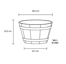 Ilustrácia kvetináča s rozmermi 39,5 cm šírka, 22,5 cm výška a 31,7 cm hĺbka a objemom 21 litrov.