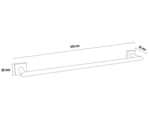 Držiak na uteráky s rozmermi 630 mm dĺžka, 50 mm výška a 85 mm šírka.