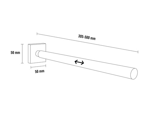 Technický nákres výsuvnej tyče s rozmermi 305 až 500 milimetrov a štvorcového držiaka 50 krát 50 milimetrov