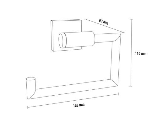 Obrázok držiaka toaletného papiera s rozmermi 63 mm, 110 mm a 153 mm.
