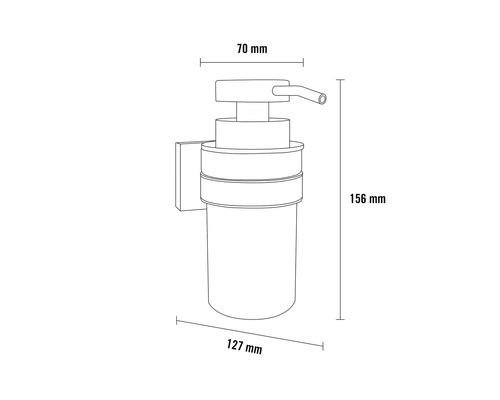 Technický nákres dávkovača mydla s nástenným držiakom a rozmermi