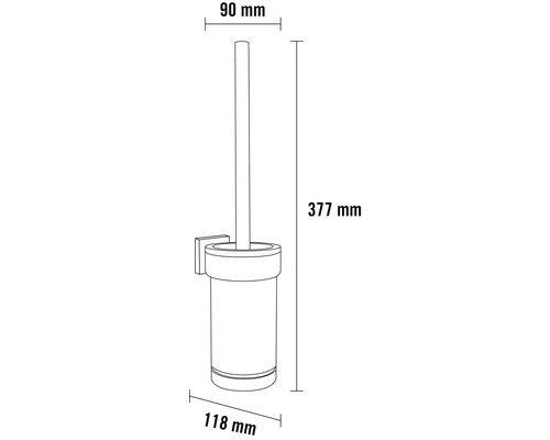 Rozmery nástennej súpravy WC kefy s výškou 377 mm, šírkou 118 mm a hĺbkou 90 mm.