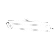 Obrázok držiaka na uteráky s rozmermi 480 mm dĺžka, 77 mm výška a 52 mm hĺbka.