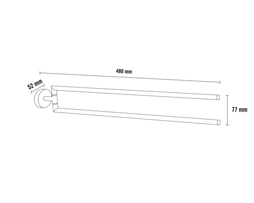 Obrázok držiaka na uteráky s rozmermi 480 mm dĺžka, 77 mm výška a 52 mm hĺbka.