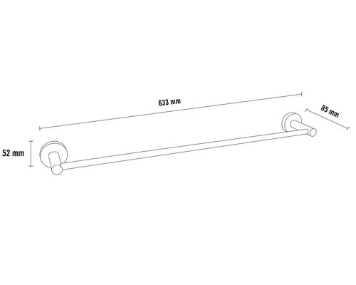 Držiak na uteráky s rozmermi 633 mm dĺžka, 52 mm výška a 85 mm hĺbka.