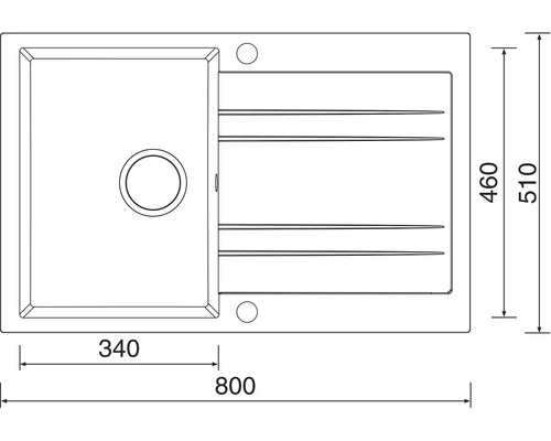 Nákres kuchynského drezu s rozmermi 800 x 510 mm