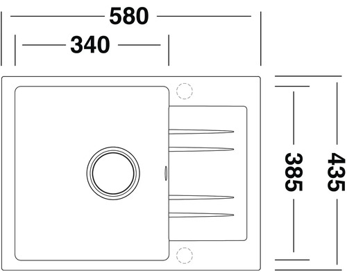 Technický nákres drezu s rozmermi 580 x 435 milimetrov.
