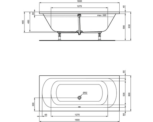 Technický nákres vane s rozmermi