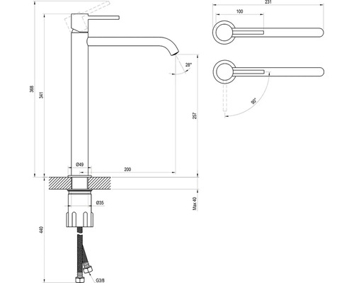 Technický nákres vodovodnej batérie s rozmermi