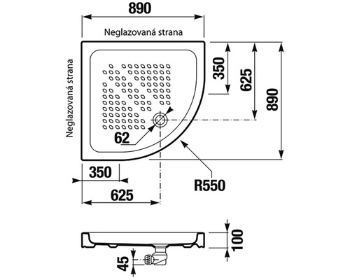 Technický nákres sprchovej vaničky s rozmermi