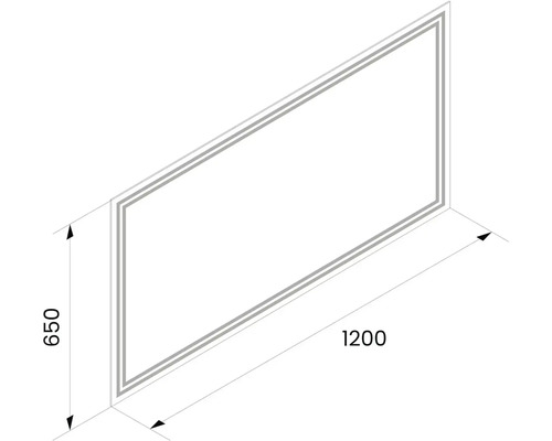 Nákres zrkadla s rozmermi 650 x 1200 milimetrov.