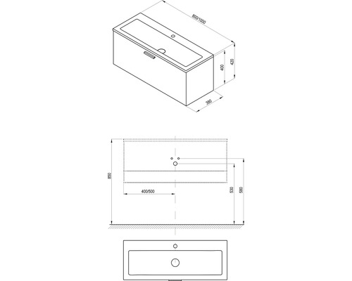 Technický nákres skrinky pod umývadlo s rozmermi