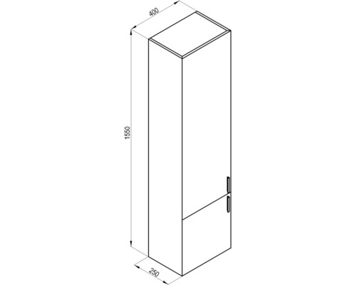 Technický nákres vysokej skrine s rozmermi 1550 x 400 x 250 milimetrov.