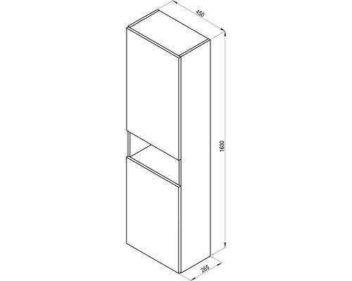 Nákres vysokej skrinky s rozmermi 450 x 265 x 1600 milimetrov.
