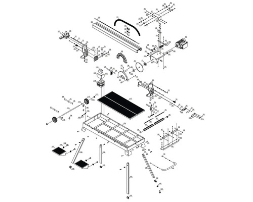 Rozkreslený nákres rezačky dlaždíc s jednotlivými dielmi