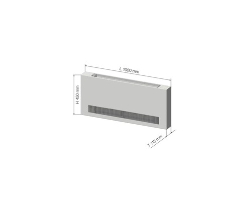 Podlahový konvektor s rozmermi dĺžka 1000 mm, výška 450 mm a hĺbka 115 mm