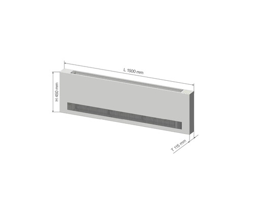 Podlahový konvektor s rozmermi dĺžka 1500 mm, výška 450 mm a hĺbka 115 mm