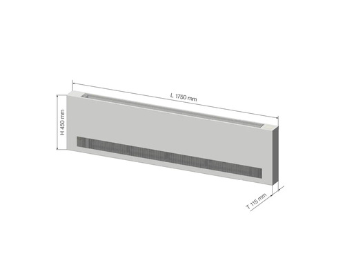 Obrázok radiátora s rozmermi dĺžka 1750 mm, výška 450 mm a hĺbka 115 mm.
