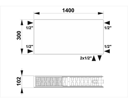 Technický nákres radiátora s rozmermi v milimetroch a palcoch