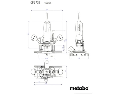 Technický nákres hornej frézky Metabo OFE 738 s rozmermi.