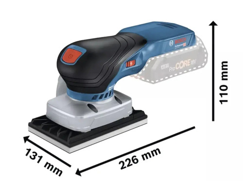Akumulátorová vibračná brúska Bosch Professional s rozmermi 226 mm dĺžka, 131 mm šírka a 110 mm výška