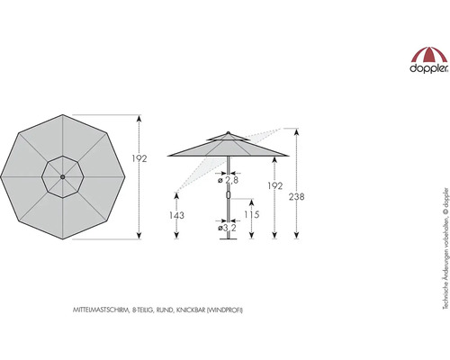 Technický nákres osemdielneho, okrúhleho a vetruodolného slnečníka so sklopným mechanizmom a stredovou tyčou.