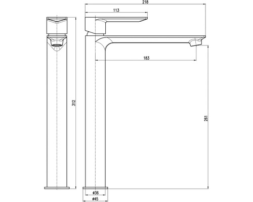Technický nákres vodovodnej batérie s rozmermi.