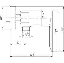 Technický nákres rohového ventilu s rozmermi
