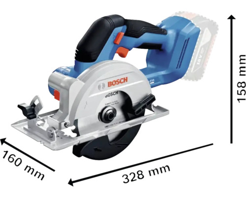 Akumulátorová ručná okružná píla Bosch s rozmermi 160 mm x 328 mm x 158 mm