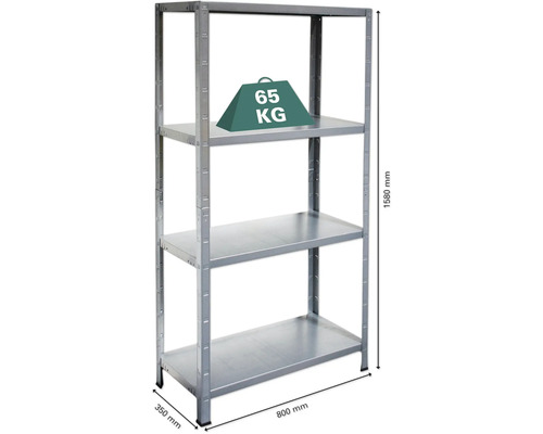 Kovový regál s tromi policami, šírka 800 milimetrov, hĺbka 350 milimetrov a výška 1580 milimetrov